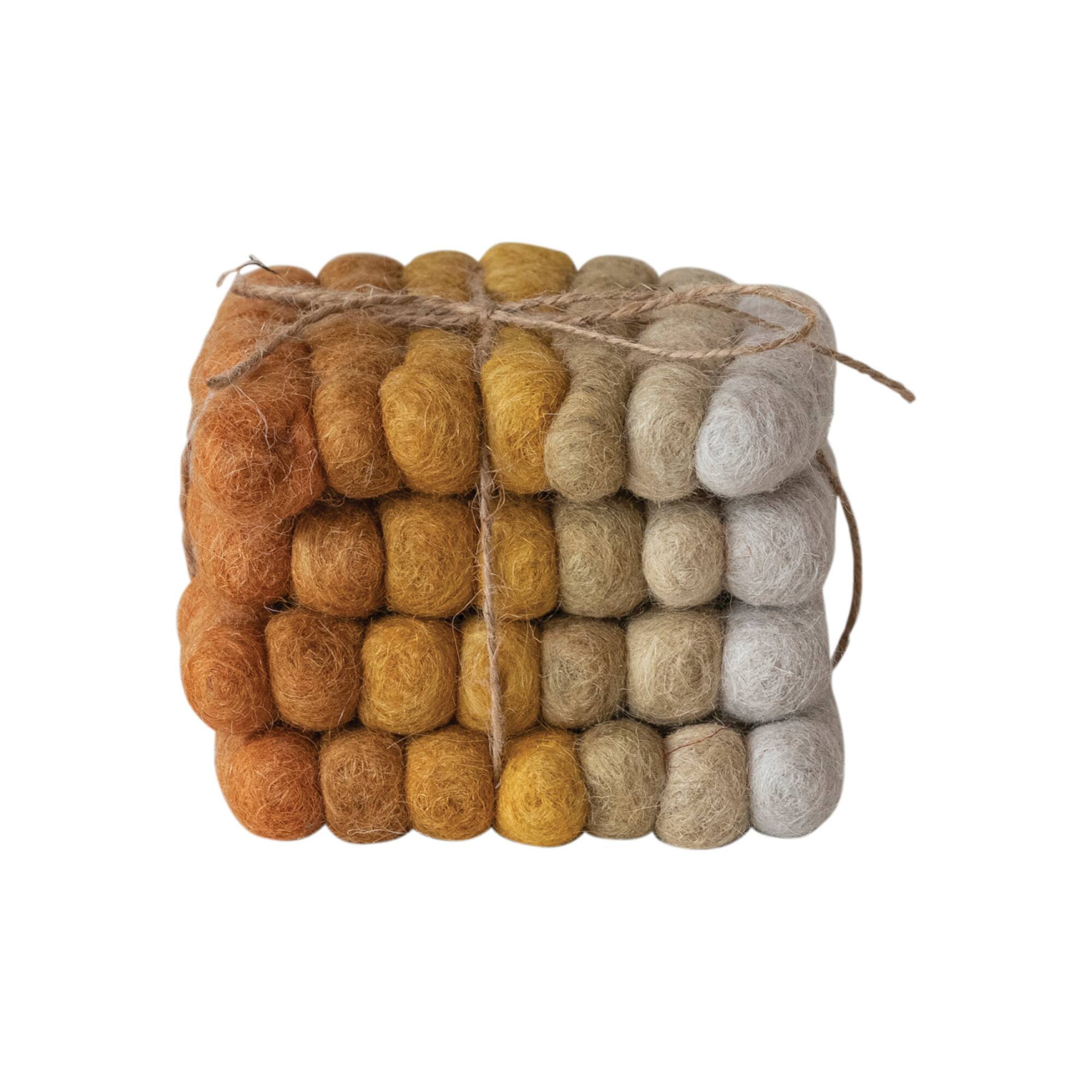 Hello Honey® 4" Yellow, Orange & Cream Handmade Wool Felt Ball Coaster Set